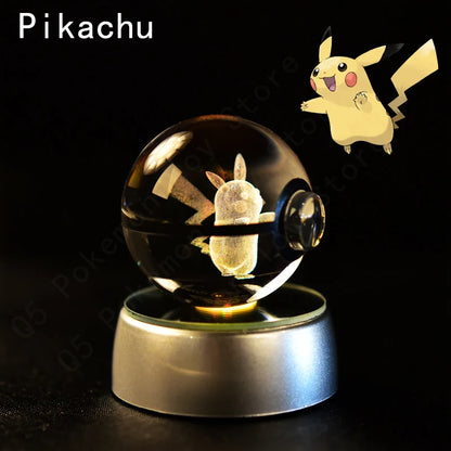 Pokemon 3D Crystal Ball Figurine — Pikachu, Gengar, Mew, Mewtwo Glass Statue with Lamp Base, Kids Birthday Gift