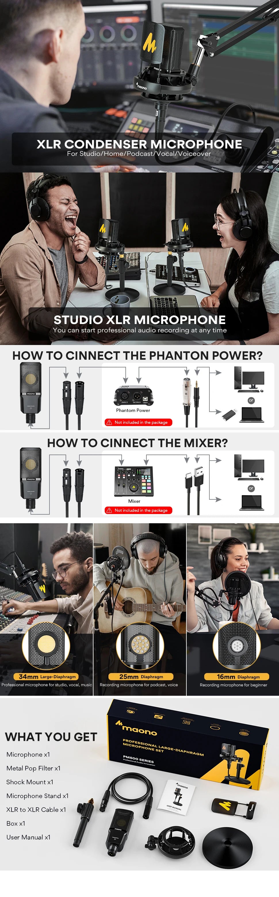 Maono PM500T XLR Condenser Microphone – 34mm Large Diaphragm Cardioid Studio Mic for Recording, Podcasting & Streaming
