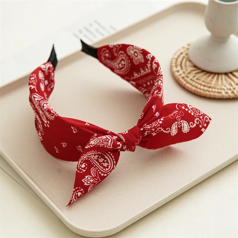 Fashion Paisley Bandana Headband — Knotted Bow Rabbit Ear Turban Hairwrap for Women & Girls