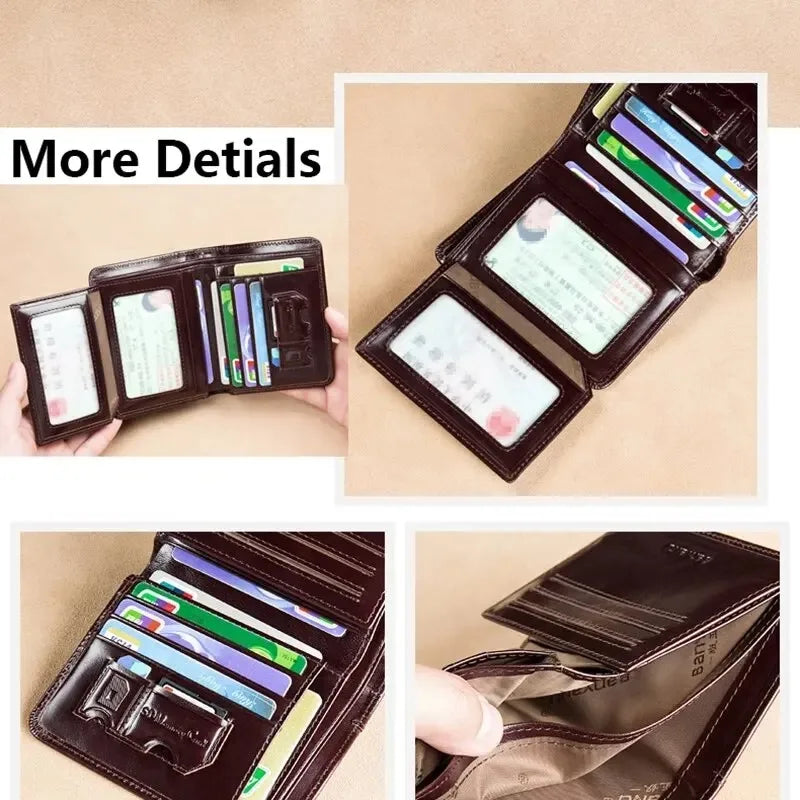 Men’s Genuine Leather RFID Blocking Trifold Wallet – Short Business Wallet with ID Window & Credit Card Holder Slim Men’s Purse