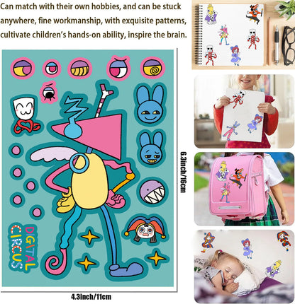 8-Sheet Cartoon Digital Circus Face Puzzle Stickers – DIY Expression Matching Game and Creative Educational Toy for Kids