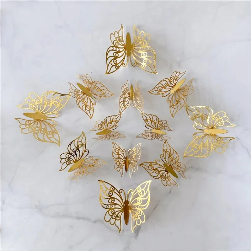 12PCS 3D Hollow Butterfly Wall Stickers – Gold, Silver & Rose Decorative Decals for Wedding, Living Room & Home Decor