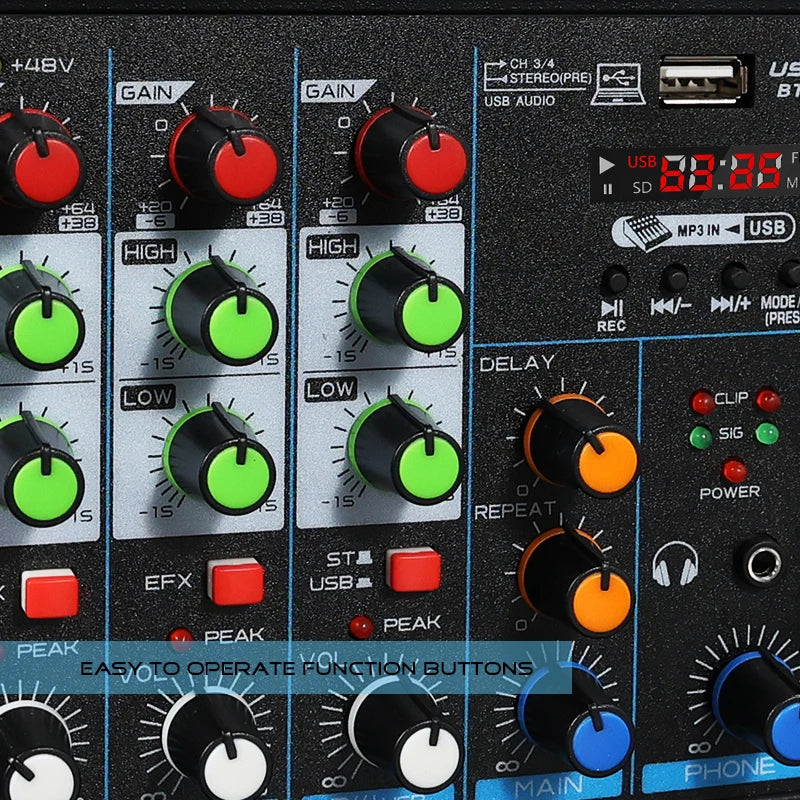 4 Channel DJ Mixer Console – Bluetooth, 48V Phantom Power, USB Audio Interface for Monitor & Karaoke System
