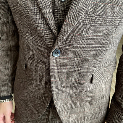 Men’s British Korean Plaid Three-Piece Suit – Stylish Business Casual Set with Blazer, Vest & Trousers