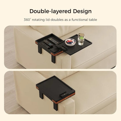 Black Sofa Armrest Tray with Storage Box – Couch Arm Table with 360° Rotating Top & Phone Stand