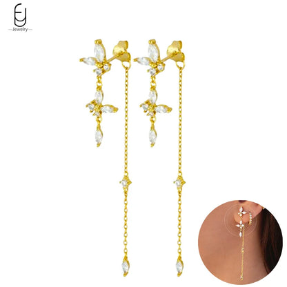 925 Sterling Silver Gold Tassel Earrings - Vintage Crystal Long Chain Hoop Jewelry for Women