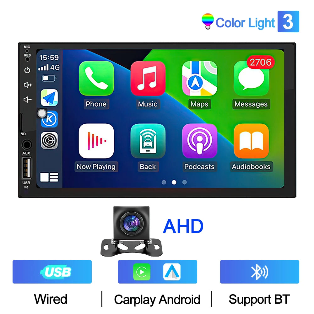 XIMA 7-Inch 2DIN Android Car Radio - Touchscreen MP5, CarPlay, Bluetooth, FM, USB & Camera