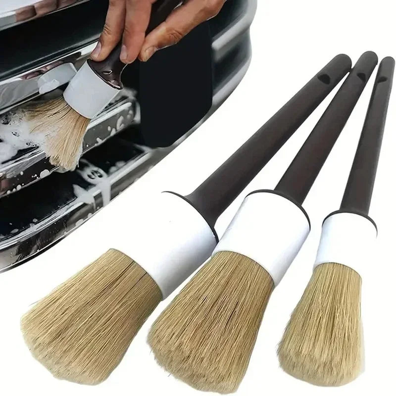 3PCS Car Detailing Brush Set – Boar Hair Bristle Cleaning Brushes for Interior & Exterior Auto Care, Dashboard & Detail Cleaning Tools
