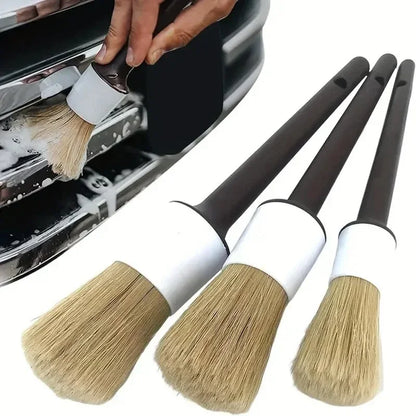 3PCS Car Detailing Brush Set – Boar Hair Bristle Cleaning Brushes for Interior & Exterior Auto Care, Dashboard & Detail Cleaning Tools