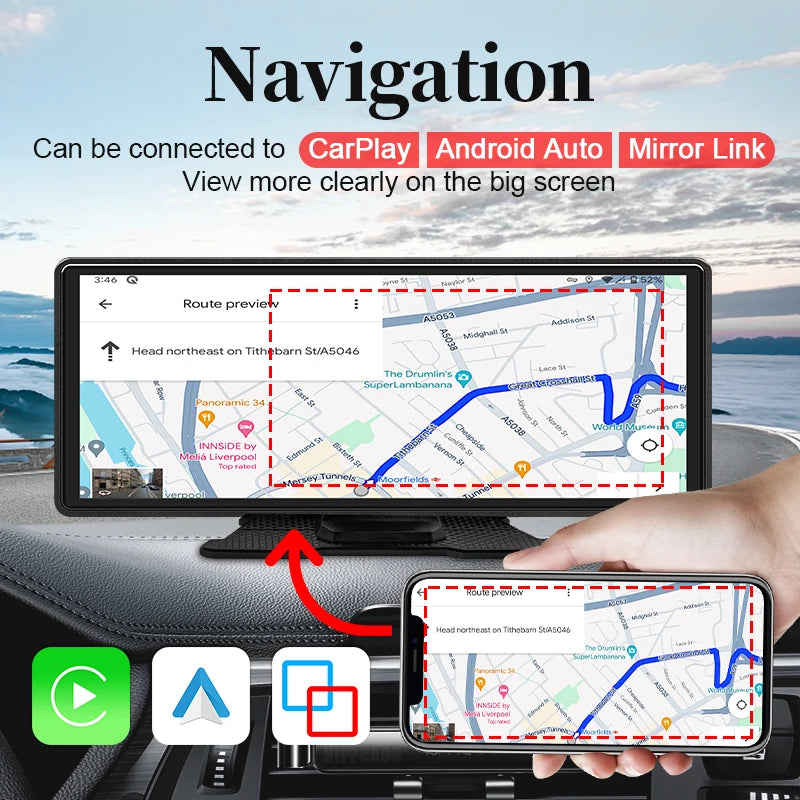 10.26" Portable Car Stereo - Wireless CarPlay & Android Auto Touchscreen with GPS Navigation and FM Multimedia Player