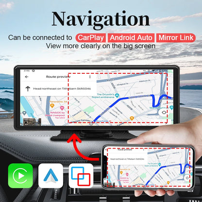 10.26" Portable Car Stereo - Wireless CarPlay & Android Auto Touchscreen with GPS Navigation and FM Multimedia Player