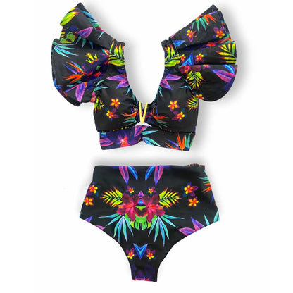 Sporlike V-Neck Ruffled Bikini Set – High Waist Sexy Printed Two-Piece Swimsuit for Women 2025