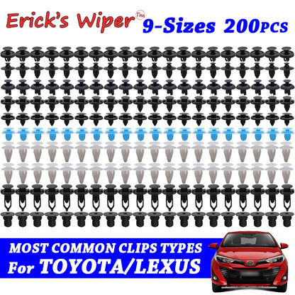 Erick’s Wiper 200-Pcs Auto Body Trim Clip Set – 9 Sizes Push Pin Rivets Bumper Retainers for Toyota Corolla, RAV4, Yaris, Prius, Lexus