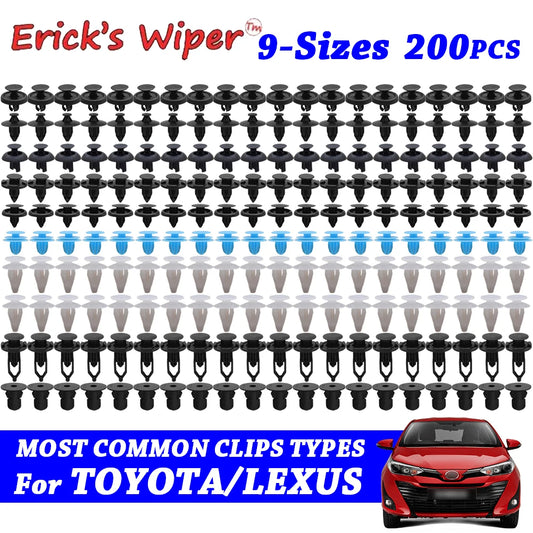 Erick’s Wiper 200-Pcs Auto Body Trim Clip Set – 9 Sizes Push Pin Rivets Bumper Retainers for Toyota Corolla, RAV4, Yaris, Prius, Lexus