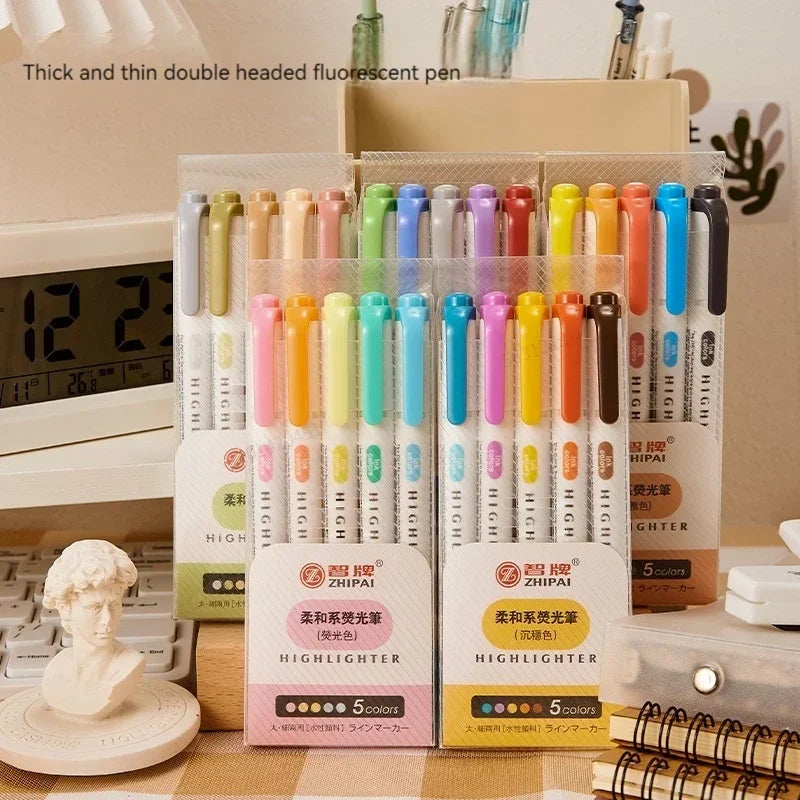 5-Color Double-Ended Highlighter Pen Set - Cute Pastel Fluorescent Markers for Drawing, Art, and Japanese-Style Stationery
