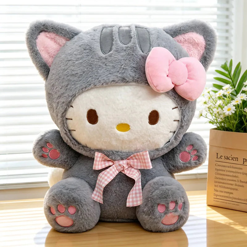 Cute Grey Cat Hello Kitty Plush Doll - Checkered Bow Stuffed Toy, Soft Pillow & Home Decoration Gift, 20–60 cm