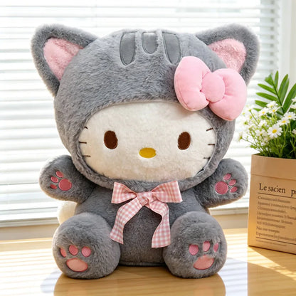 Cute Grey Cat Hello Kitty Plush Doll - Checkered Bow Stuffed Toy, Soft Pillow & Home Decoration Gift, 20–60 cm