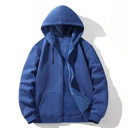 Zipper Hooded Sweatshirt – Autumn Winter Fleece-Lined Cotton Cardigan for Men & Women, Solid Color Y2K Style