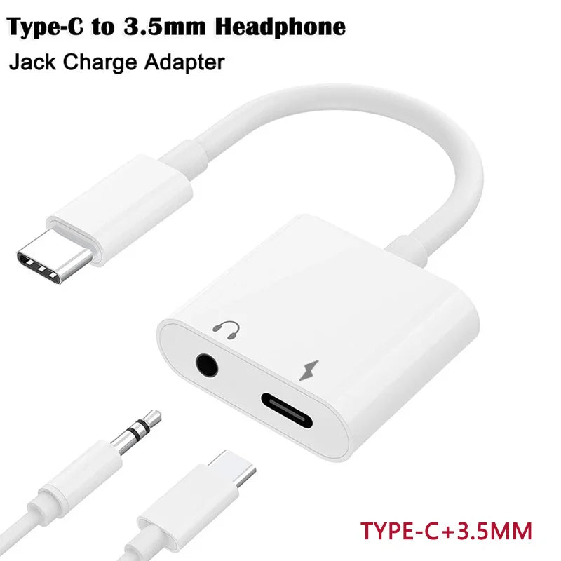 2-in-1 USB-C to 3.5mm Audio Adapter — Dual Type-C Jack Charging & Aux Cable for Samsung, Xiaomi Wired Earphones