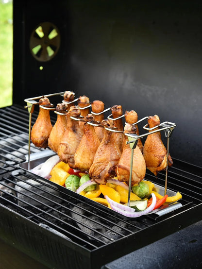 14-Slot Stainless Steel Chicken Leg Rack with Drip Tray – Heavy-Duty Grill & Smoker Wing/Drumstick Holder