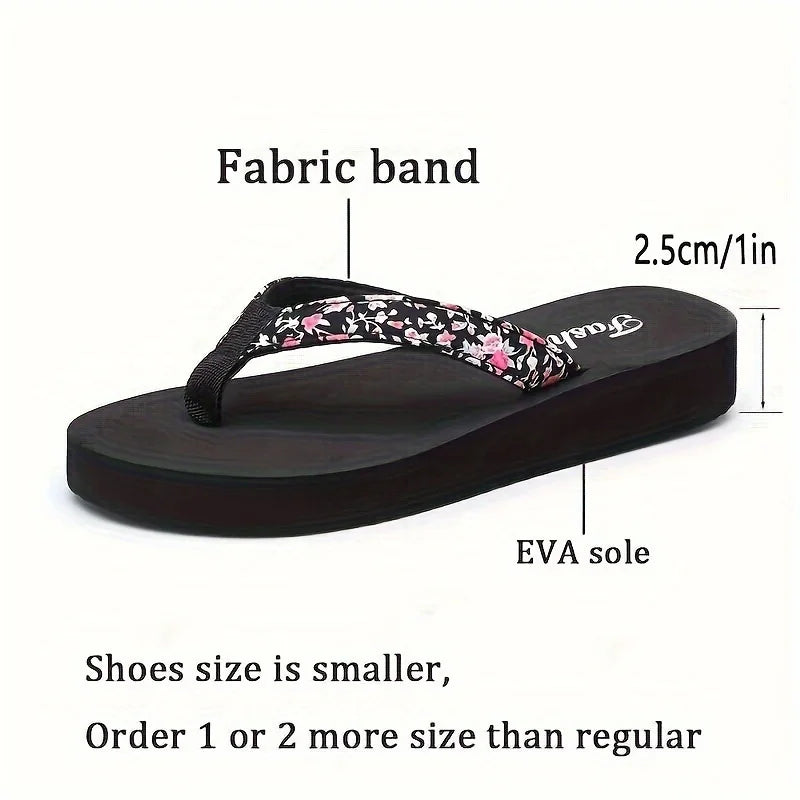 Women’s Floral Platform Flip Flops - Lightweight Non-Slip Open-Toe Beach Slippers