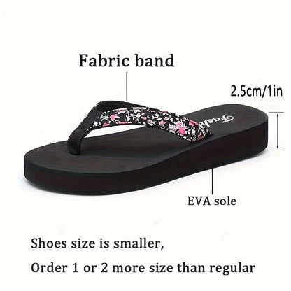 Women’s Floral Platform Flip Flops - Lightweight Non-Slip Open-Toe Beach Slippers
