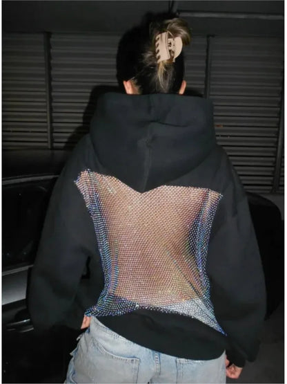 Women's Lace Splice Hoodie - Sexy See-Through Backless Fleece Pullover for Autumn & Winter Streetwear Fashion