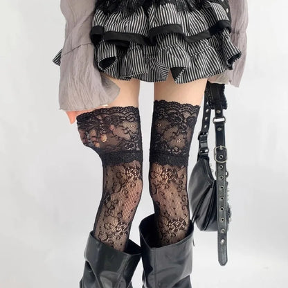 Women's Lace Floral Fishnet Thigh High Socks - Sexy Nylon Mesh Over The Knee Stockings for JK Lolita Style