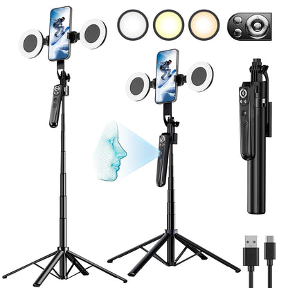 Extendable 70.8" Auto Face Tracking Tripod – 360° Rotating Phone Stand with Light & Motion Sensor for Vlog & Live Streaming