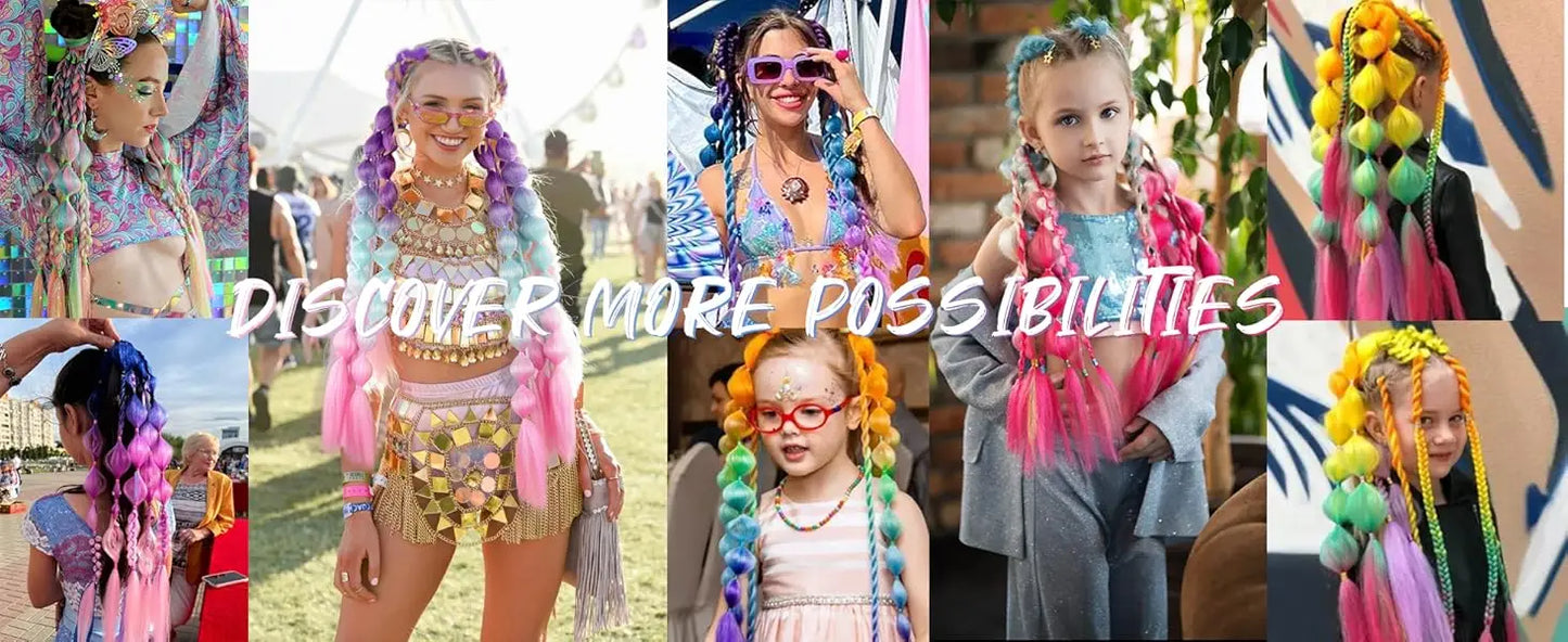 Colorful Bubble Braid Ponytail Extension – Long Lantern Braided Synthetic Hairpiece with Tie