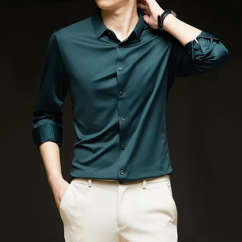 Men's Ultra-Stretch Shirt - Silky Long Sleeve Business & Casual Dress Shirt