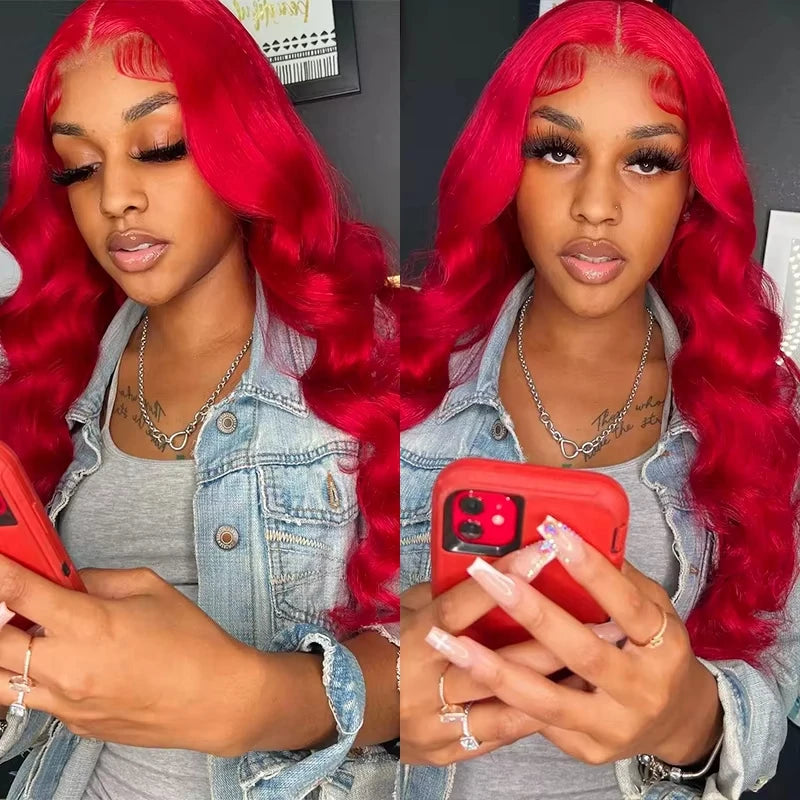 30 Inch Hot Red Body Wave Wig – 13x4 Lace Front, Pre-Plucked Brazilian Human Hair, HD Transparent 13x6 Lace Frontal Wig
