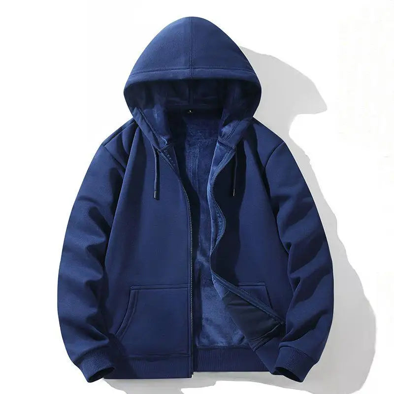Zipper Hooded Sweatshirt – Autumn Winter Fleece-Lined Cotton Cardigan for Men & Women, Solid Color Y2K Style