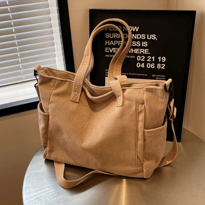 Corduroy Tote Bag - Women's Multi-Pocket Crossbody Shoulder Bag with Adjustable Strap