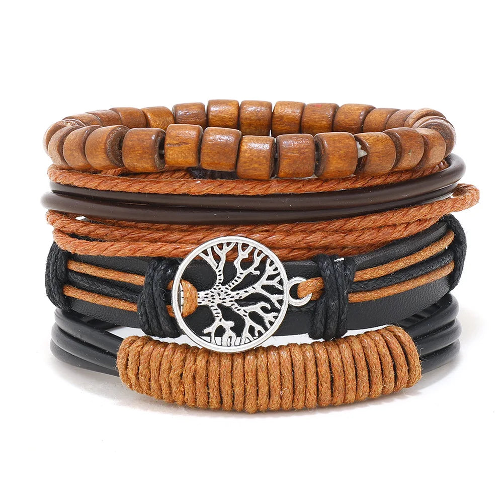4Pcs Men's Braided Leather Bracelets Set – Vintage Life Tree & Rudder Charms, Wood Beads, Ethnic Tribal Wristbands