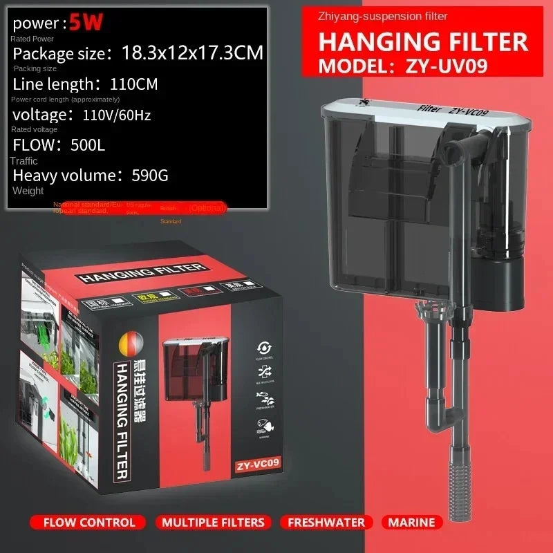 Wall-Mounted 3 in 1 Aquarium Filter – 110V/220V Circulation Pump with Waterfall Oxygenation for Small & Medium Fish Tanks