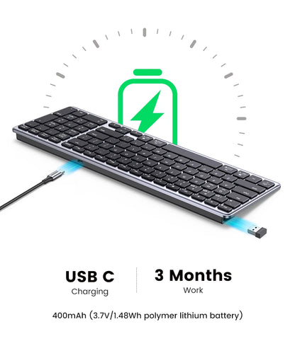 UGREEN Wireless Bluetooth 5.0 & 2.4G Keyboard – 99 Keycaps Russian/Korean/English, USB-C Rechargeable for MacBook, iPad, PC & Tablet