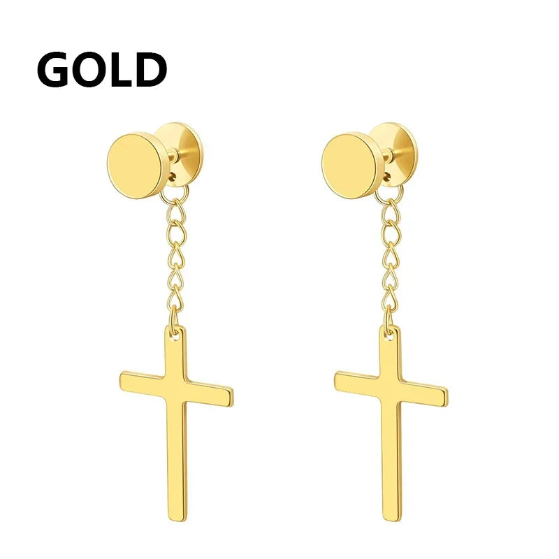 Stainless Steel Cross Star Dangle Earrings - Punk Gothic Hoop Huggie Jewelry for Men & Women