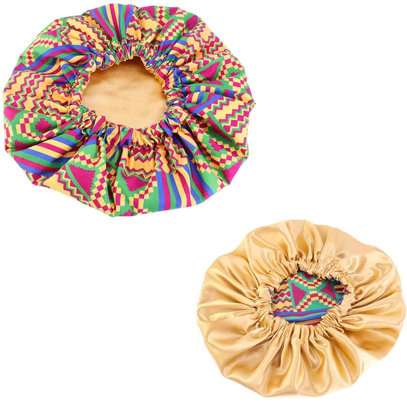 Women’s Double-Layer Satin Bonnet - African Ankara Floral Print Adjustable Reusable Sleep Cap for Hair Care