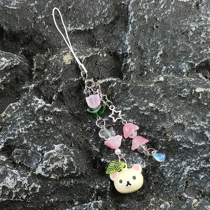 Cute Bell Bear Phone Charm - Y2K Handmade Strawberry Beaded Keychain & Matching Couple Gift Accessory