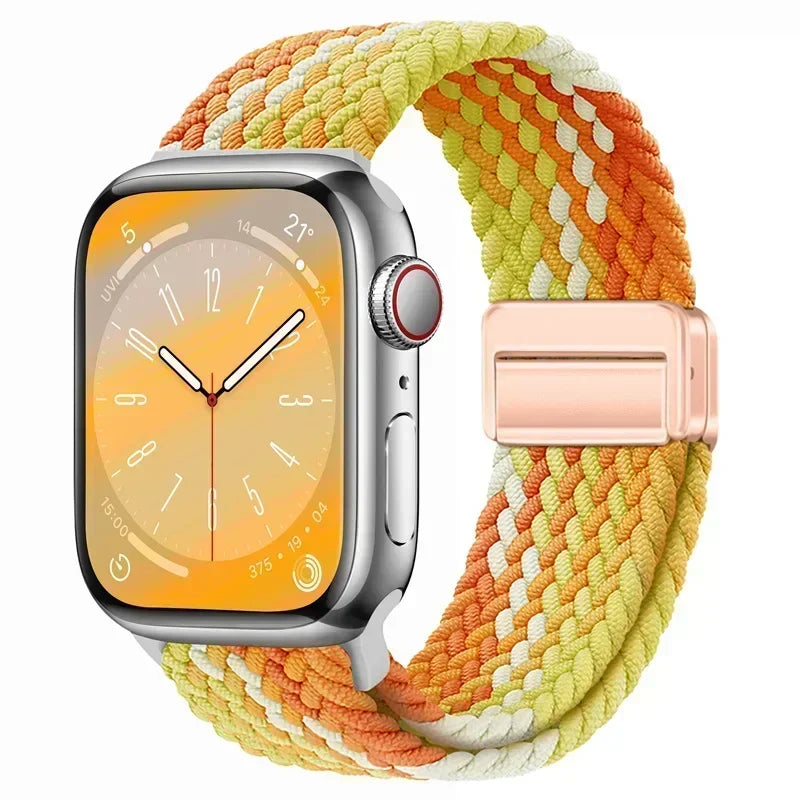 Nylon Braided Loop Apple Watch Band – Magnetic Metal Bracelet Strap for Ultra 2, Series 3–9 & SE (40mm–49mm) Adjustable Wristband