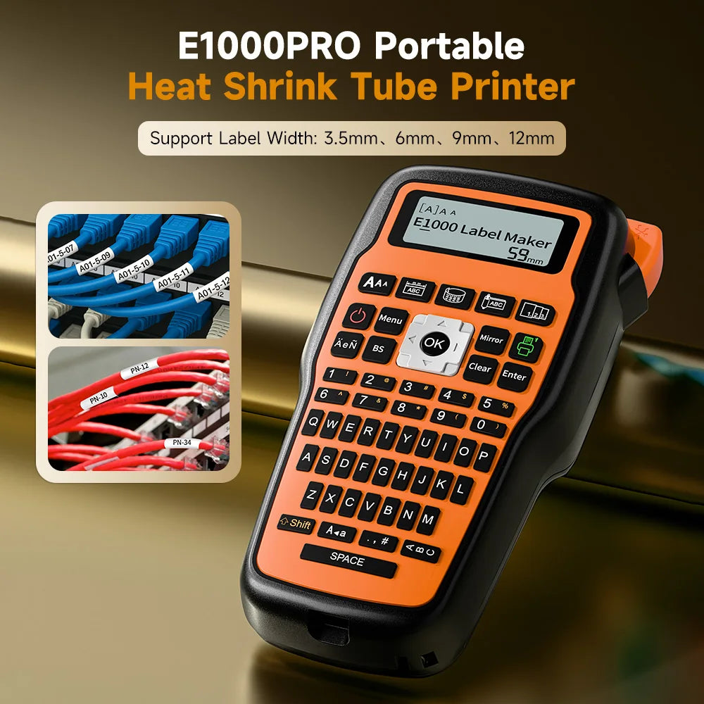 E1000 PRO Industrial Label Printer - Portable Heat Shrink Tube Printer Compatible with Brother HSE-231 and HSE-631 for Cable Marking