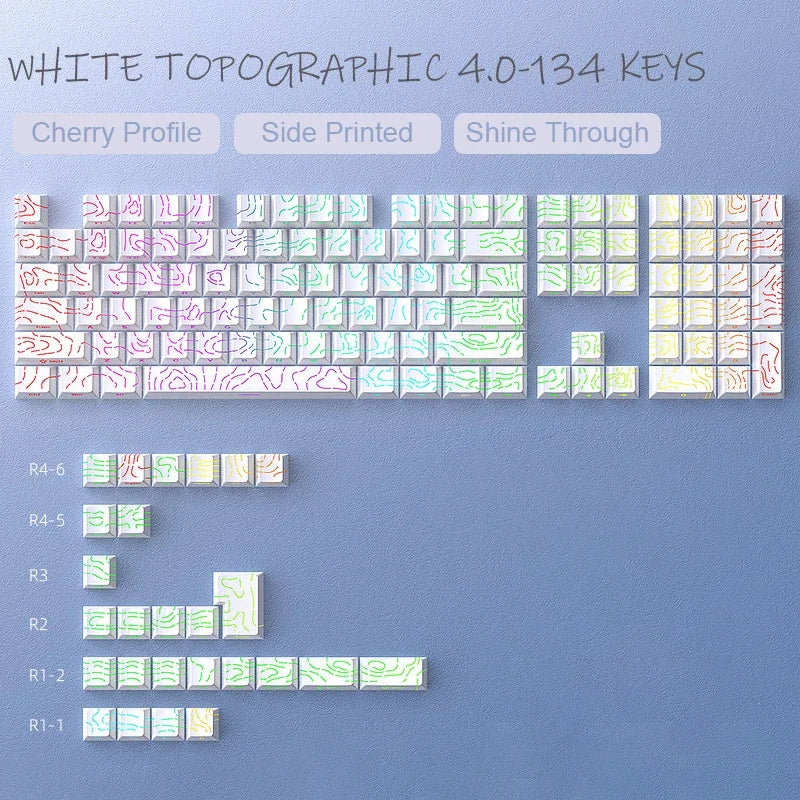 Topographic Keycaps 4.0 Version - 98 Key PBT Cherry Profile Shine Through Side Print Backlit Mechanical Keyboard Caps
