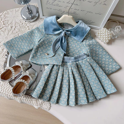 Girls' French Style Spring & Autumn Set 2025 – Baby Girl Two-Piece Outfit with Little Coat & Folding Skirt