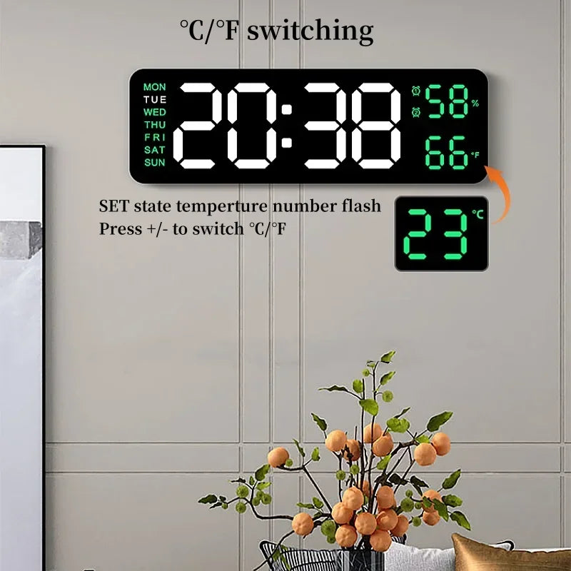 9-Inch Digital Wall Clock — USB Powered LED Table Clock with Temperature, Humidity, Week Display, Auto Dimmer, DST, 12/24H & Alarm