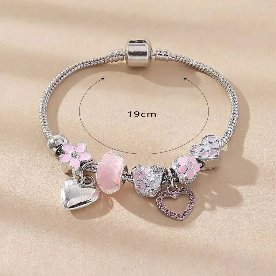 Obega Love Heart & Flower Glass Pendant Charm Bracelet - Adjustable Pink & White Crystal Stone Bead Bracelet in Silver/Gold
