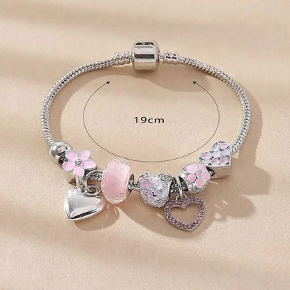 Obega Love Heart & Flower Glass Pendant Charm Bracelet - Adjustable Pink & White Crystal Stone Bead Bracelet in Silver/Gold