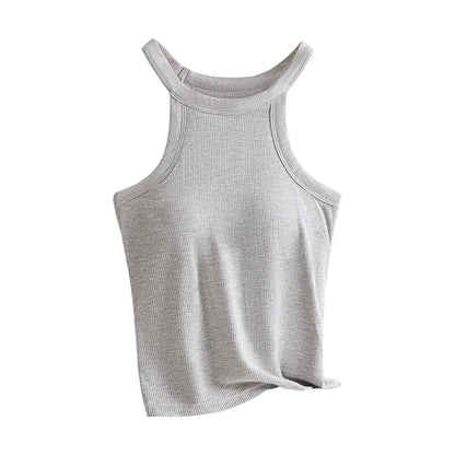 Women’s Threaded Halter Neck Camisole Top – Built-in Bra Slim Fit Elastic Breathable Sling Tank Top with Fixed Cups Underwear Style Basic Wear