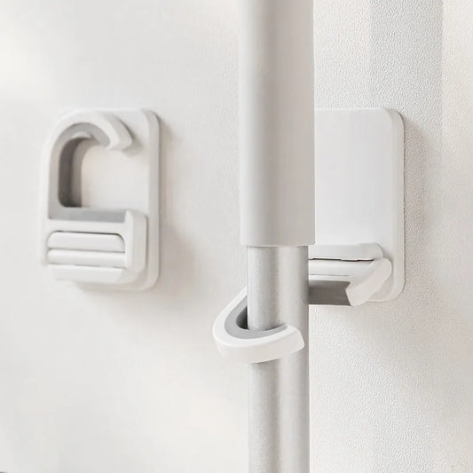 Self-Adhesive Wall Mount Broom Mop Clip Holder - Kitchen & Bathroom Storage Organizer Rack for Brooms, Brushes, and Mops - Multi-Purpose Hook