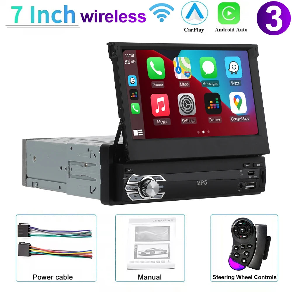 Universal 1-DIN 7" Car Stereo - Retractable Touchscreen MP5 Player with CarPlay, Android Auto, FM Radio & Mirror Link